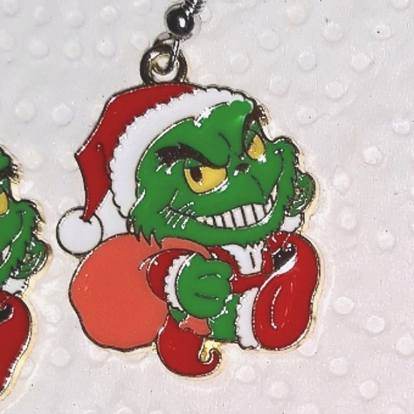 Grinch Dangle Earrings "Santa with Toy" Sack Grinch Style Jewelry NEW - Picture 2 of 7